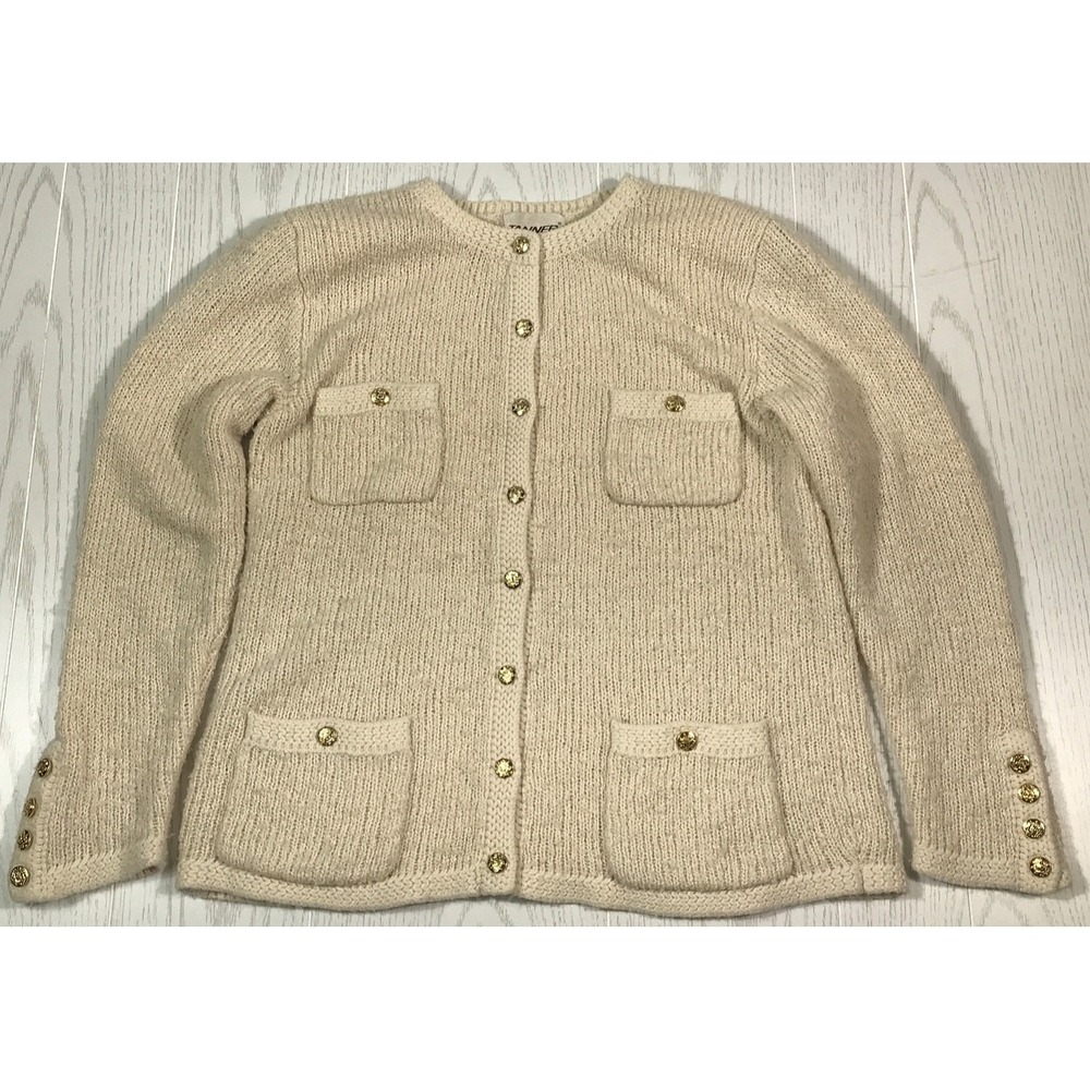 Vintage 80s Granny Sweater Women M Beige Tanner Acrylic Cardigan 4 Pockets Ugly